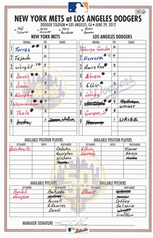 2012 R.A Dickey Game Used Line up Card - Dickey Wins 12th Game of Season (MLB Authenticated & Mets LOA)